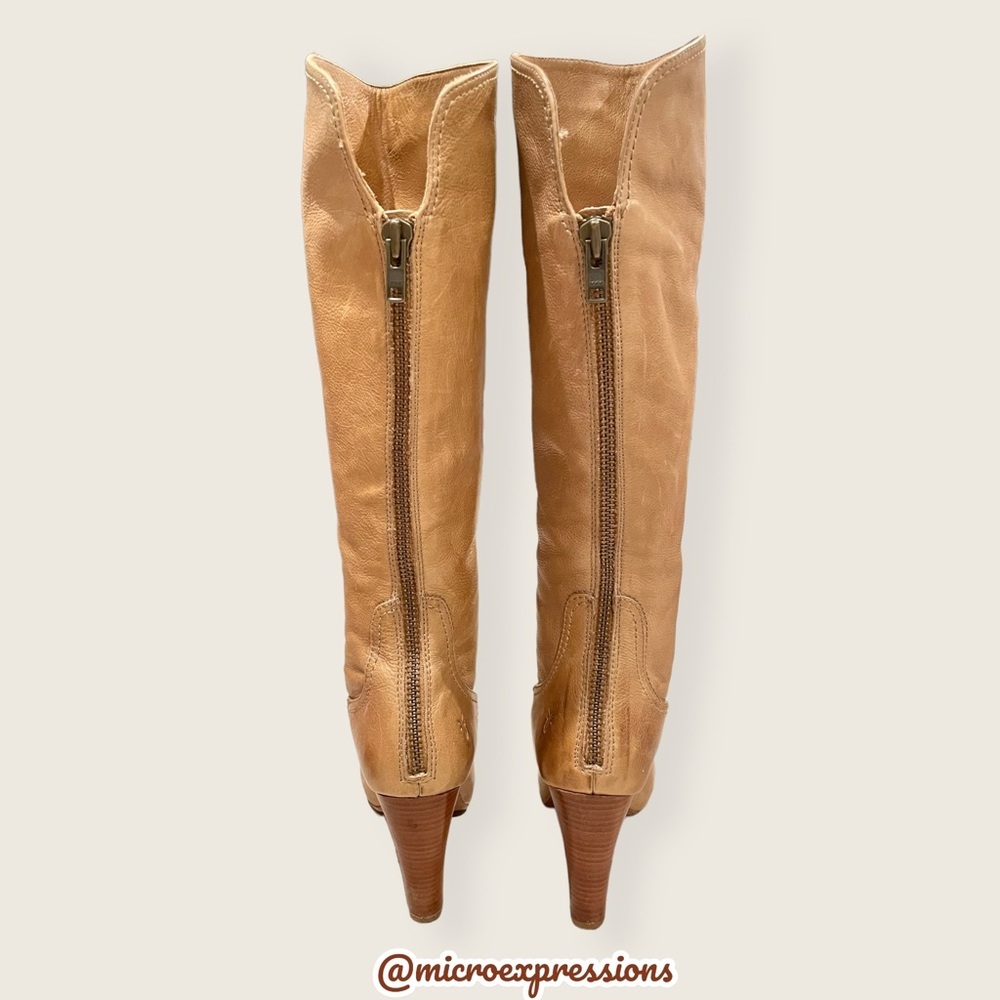 $399 Frye Miranda Back Zip Tan Distressed Heeled Fold Over Knee High Tall Boot - Picture 6 of 12